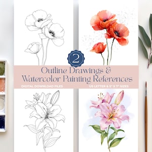 Watercolor Drawing Outline Poppies & Lily flower painting DIY Art Kit Prints, Coloring Pages Gift for Adults and Kids Paint Template Sheets