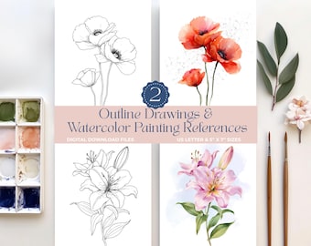 Watercolor Drawing Outline Poppies & Lily flower painting DIY Art Kit Prints, Coloring Pages Gift for Adults and Kids Paint Template Sheets