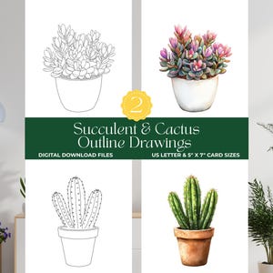 Succulent & Cactus House Plants Watercolor Painting Drawing Outline DIY Art Kit Prints, Plant Lover Coloring Pages, Paint Template Sheets
