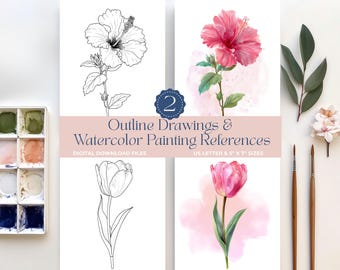 Watercolor Drawing Outline Hibiscus & Tulip Flower Painting DIY Art Kit Prints Coloring Pages Gift for Adults and Kids Paint Template Sheets