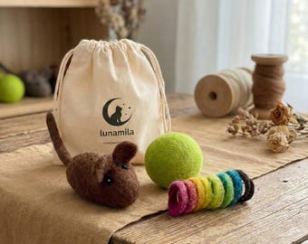 Maus, Ball, Spirale | 3er Set Katzenspielzeug Filz – Handgemacht aus 100% Wolle | Robust & Plastikfrei | Geschenk für Katzenliebhaber |Nepal