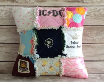 Rag Quilt Pillow, Patchwork Memory Pillow, Baby Clothes Memory Pillow, Baby Keepsake, Memorial Pillow