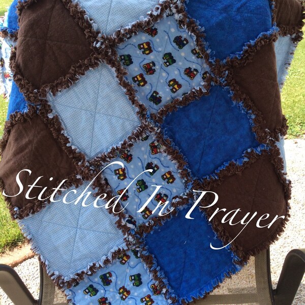 Little Toy Train Rag Quilt, Receiving Blanket, Quilt, Stitched In Prayer