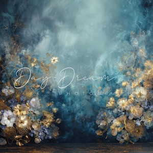 Puede incluir: Un telón de fondo creado digitalmente con una estética de ensueño. La imagen presenta una paleta de colores azul verdoso oscuro y dorado, con acentos florales y el texto "Day Dream Photography". El telón de fondo es adecuado para fotografía.