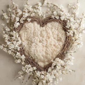 May include: A heart-shaped wreath made of brown twigs, filled with fluffy cream-colored material. White flowers with green stems surround the wreath. The background is a light beige color. The text "Day Dream Photography" is written in cursive.
