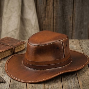 Handmade Leather Cowboy Hat | Vintage Australian Safari Bush Hat | Genuine Brown Outback Leather Hat for Men Women, Personalized Gift