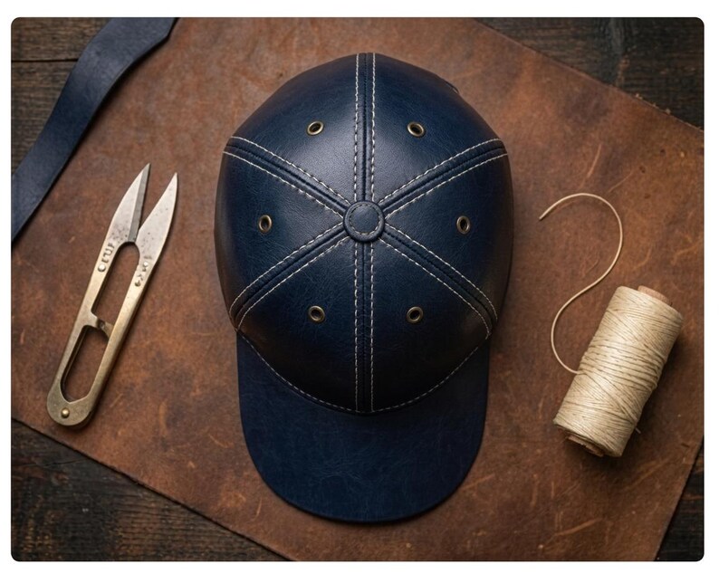 K&ouml;nnte beinhalten: Eine marineblaue Baseballkappe aus Leder mit sechs Paneelen, wei&szlig;en Kontrastn&auml;hten, einem zentralen Knopf und sechs metallischen &Ouml;sen. Die Kappe wird zusammen mit einer Messing-Fadenschere und einer Garnrolle aus hellem Faden pr&auml;sentiert.
