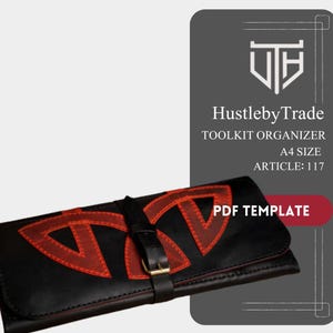 May include: Black leather toolkit organiser with red geometric accents and a buckle closure. The text "HustlebyTrade" and "PDF TEMPLATE" are visible. The organiser is A4 size.