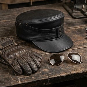 Puede incluir: Una gorra de cuero negro de estilo militar con parte superior plana, visera corta y detalles de ojales metálicos en el lateral. La gorra presenta una banda decorativa en la parte delantera con dos pequeños botones metálicos. Guantes de cuero marrón y gafas.