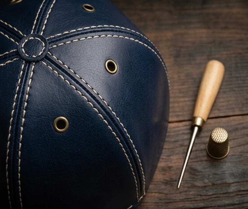 K&ouml;nnte beinhalten: Eine marineblaue Lederkappe mit wei&szlig;en Kontrastn&auml;hten, einem zentralen Knopf und messingfarbenen Metall&ouml;sen. Neben der Kappe liegen eine Ahle mit Holzgriff und ein kleiner, texturierter Fingerhut aus Messing, die handwerkliche Details zeigen.