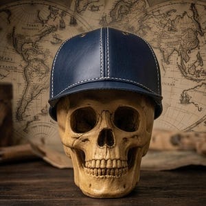 K&ouml;nnte beinhalten: Eine dunkelblaue Baseballkappe mit markanten wei&szlig;en N&auml;hten entlang der Paneele, ausgestattet mit einer strukturierten Krone und einem gebogenen Schirm, platziert auf einem realistischen menschlichen Sch&auml;delmodell mit beiger, gealterter Knochenoptik.
