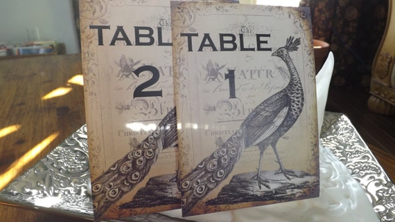Peacock table numbers, love Birds table numbers, Garden wedding Victorian table number cards, Peacock Beach wedding Il_570xn