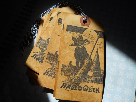 Black Cat Halloween Tags, Black Cat Tags, Retro Halloween Tags, Vintage Inspired Handmade Halloween Tags Il_570xn