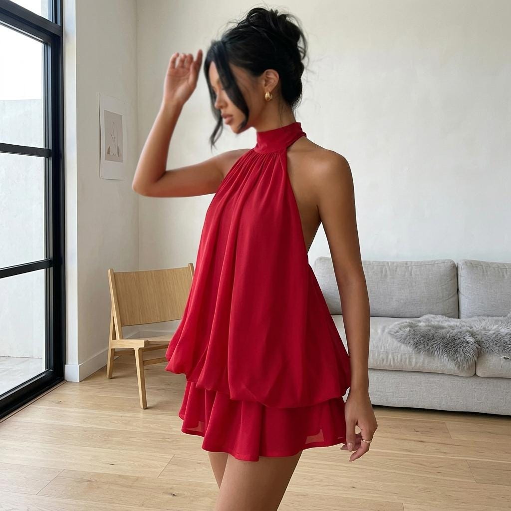 black halter neck dress long Halter Neck Two Pieces Short Red Lace Prom Dresses, 2 Pieces Short Red –  jkprom main image 1