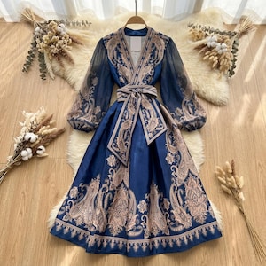 flowy wedding guest dress with sleeves ever AMYRA|Long Sleeve Waist Chain Round Neckline Midi Chiffon Wedding  Guest Dress