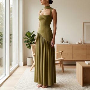slim fit dress slacks Green Multi Floral Mikado Scarf Train Column Gown main image 0