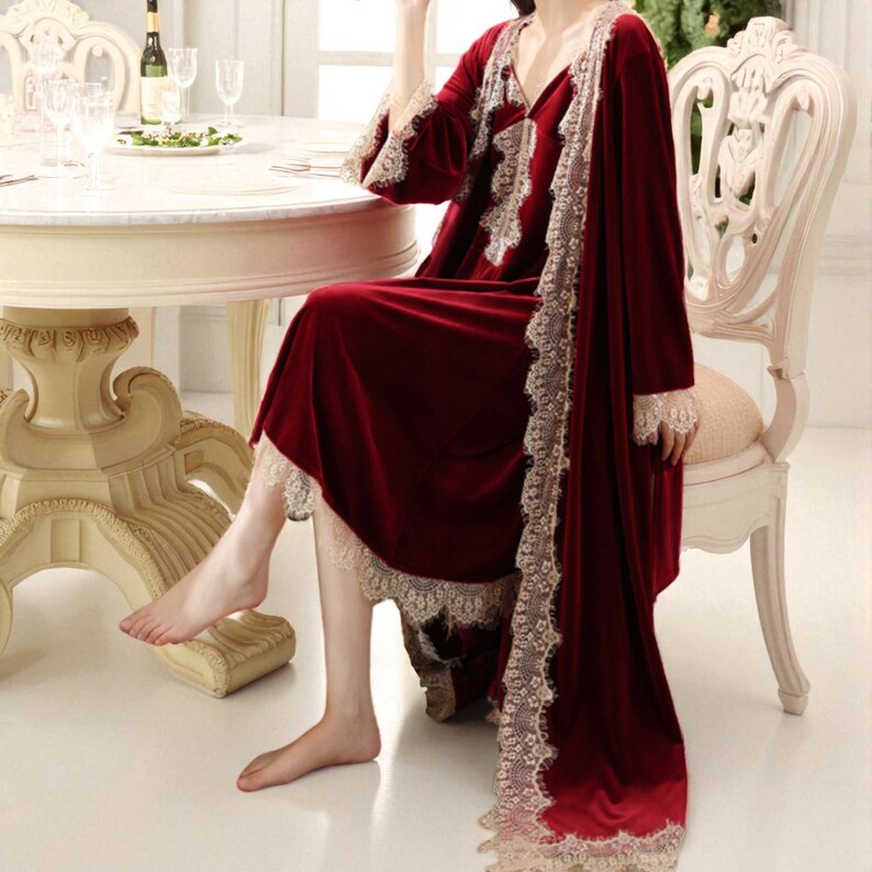Velvet Lace Nightgown for Women | Long Vintage Sleepwear Robe ...