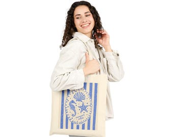 Nautical Seashell Starfish Canvas Beach Bag