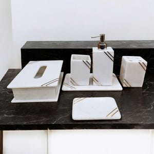 White Marble Bathroom Set | Soap Dispenser | Tray | Toothbrush Holder | Tissue Box | Soap Dish | Glass/Dustbin | Luxury Stone Bathroom Decor