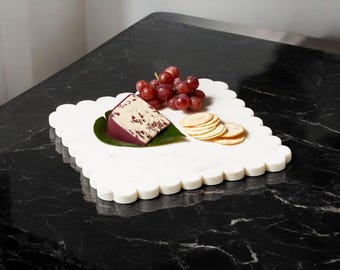 White Marble Scalloped Serving Board | Cheese Board | Decorative Fluted Plate | Marble Chopping Platter Board | Kitchen Marble Cheese Board