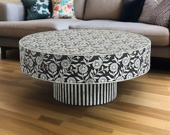 Handmade Bone Inlay Coffee Table | Camel Bone Flower Inlay Center Table | Bone Inlay Furniture for Living Room | Bone Inlay Table