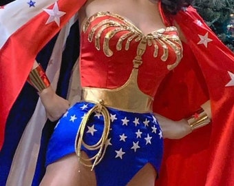 WS2 Wonder Suit Costume, Lynda Carter Replica womens bodysuit with embellished eagle, belt and stars for cosplay, display and collectors