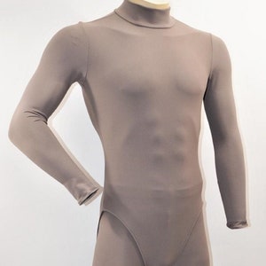 Superhero mock turtleneck Leotard in Bat Grey with zipper, snap crotch and front modesty panel.