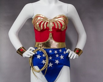 Red and Blue Hero Cosplay Costume: Satin, Gold Eagle and Stars