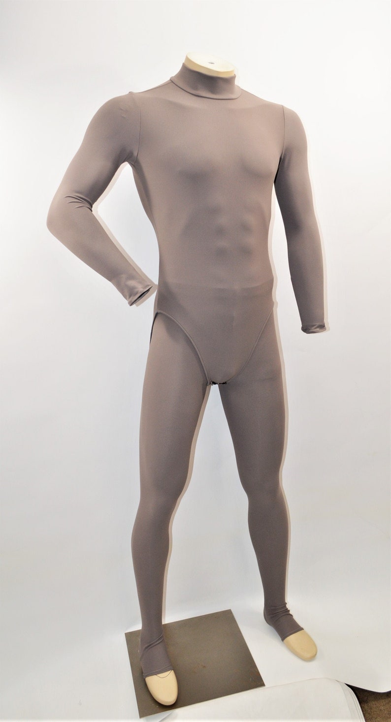 Superhero mock turtleneck Leotard in Bat Grey with zipper, snap crotch and front modesty panel.