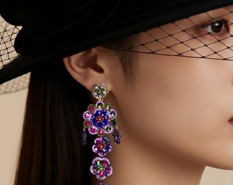 Pendientes de cuentas “Galaxy”, con tachuelas chapadas en oro, cuentas japonesas y checas, 9 cm de largo.