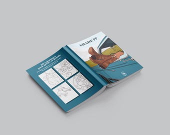 Könnte beinhalten: Ein offenes Buch mit türkisfarbenem Einband und Seiten. Die linke Seite zeigt vier Schwarz-Weiß-Illustrationen. Die rechte Seite zeigt eine Zeichnung eines Beins und eines braunen Schuhs. Der Buchtitel lautet "SHADE IT".