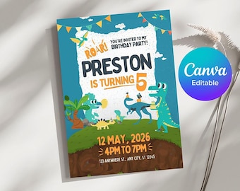 Editable Dinosaur Birthday Card Canva Template | Printable Dino Birthday Invitation | Kids Party Instant Download