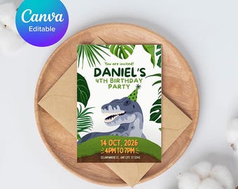 Editable Dinosaur Birthday Card Canva Template | Printable Dino Birthday Invitation | Kids Party Instant Download