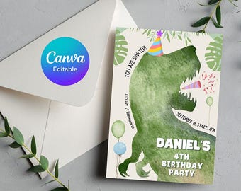 Editable Dinosaur Birthday Card Canva Template | Printable Dino Birthday Invitation | Kids Party Instant Download