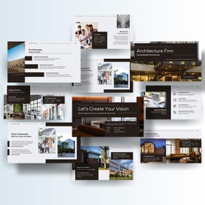 Peut inclure: Ensemble de diapositives de présentation architecturale au design moderne. Les diapositives présentent des images de bâtiments, de design d'intérieur et de texte. La palette de couleurs est principalement noire, blanche et marron, mettant en valeur les projets et services architecturaux.