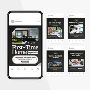 Op de afbeelding: Een smartphone toont een "Eerste-Keer-Koper Gids" met een moderne huisfoto. De gids bevat stappen: "Stel uw budget vast", "Krijg een pre-goedkeuring", "Kies de juiste locatie" en "Klaar om uw eerste huis te kopen?"