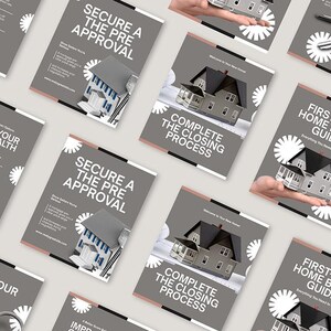Op de afbeelding: Een verzameling vastgoedmarketingmaterialen met een grijs en wit kleurenschema. De brochures bevatten afbeeldingen van huizen en tekst zoals "Secure a Pre Approval" en "First-Time Home Buyer Guide".