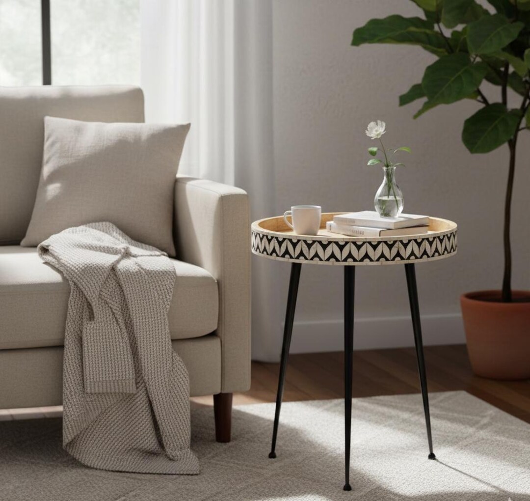 Handmade Bone Inlay Round Side Table – Black & White Tray-top Accent ...