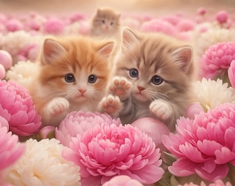 Descarga digital JPG / Impresión de arte de pared para habitación de gatitos / Póster de gato con flores de peonía