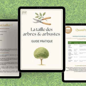 Op de afbeelding: Drie digitale tablets met tuingidsen. De centrale tablet toont de titel "La taille des arbres & arbustes GUIDE PRATIQUE" met een illustratie van een boom en een snoeischaar. De andere tablets tonen gerelateerde informatie.