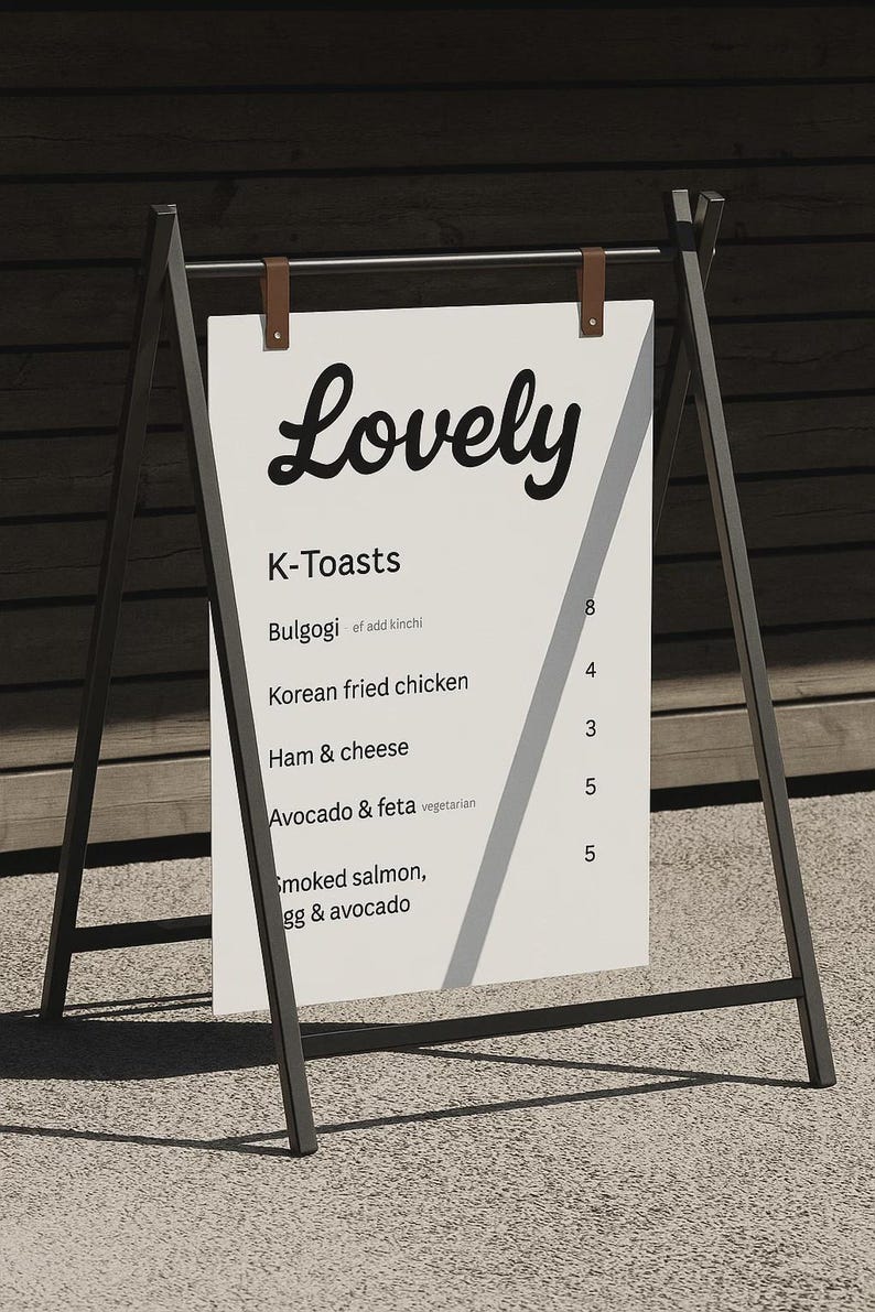 May include: A-frame menu board with the word "Lovely" in cursive script. The menu lists "K-Toasts" with options like Bulgogi, Korean fried chicken, Ham & cheese, Avocado & feta, and Smoked salmon, egg & avocado.