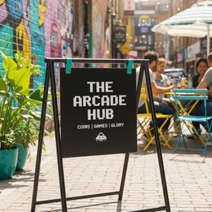 May include: Black metal A-frame sign for "The Arcade Hub" with teal clips, set on a brick-paved street. The sign's text is white, pixelated, and includes "Coins | Games | Glory" and a pixelated arcade game graphic. People are seated at tables in the background.