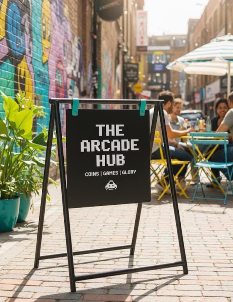 May include: Black metal A-frame sign for "The Arcade Hub" with teal clips, set on a brick-paved street. The sign's text is white, pixelated, and includes "Coins | Games | Glory" and a pixelated arcade game graphic. People are seated at tables in the background.
