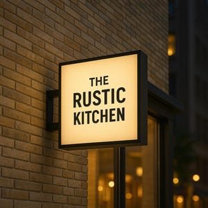 Może przedstawiać: Podświetlany kwadratowy szyld "The Rustic Kitchen" z czarnym napisem na kremowym tle. Szyld jest zamontowany na ceglanej ścianie z czarnym metalowym wspornikiem. Szyld jest podświetlony, co sugeruje restaurację lub lokal gastronomiczny.