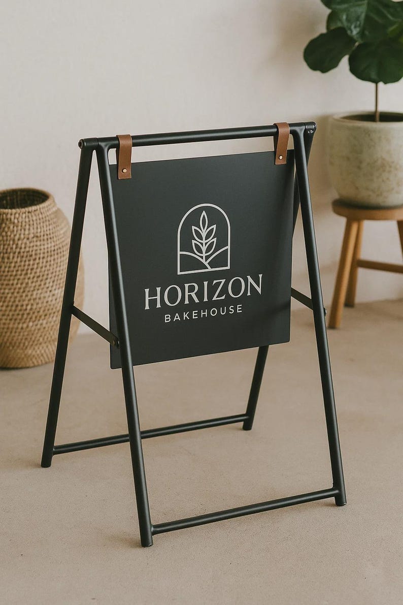 May include: Black metal A-frame sign with the text "HORIZON BAKEHOUSE" in white. The sign has a black background with a white logo of a plant inside an arch. Brown leather straps secure the sign.