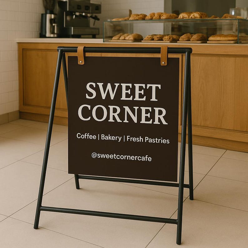 May include: A-frame sign with the text "SWEET CORNER" in white on a dark brown background. The sign also lists "Coffee | Bakery | Fresh Pastries" and the Instagram handle "@sweetcornercafe". The sign is held up by a black metal frame.