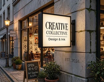 Puede incluir: Un letrero de tienda cuadrado e iluminado con un marco negro que muestra el texto 'CREATIVE COLLECTIVE Design & Ink' en letras negras. El letrero está montado en una fachada de piedra con 'EST. 2024' grabado debajo, cerca de una acera con plantas en macetas.