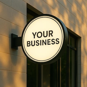 May include: A round, illuminated business sign with the text "YOUR BUSINESS" in bold, black letters. The sign is mounted on a black bracket against a textured, light-colored wall. The sign has a black border and a white interior.
