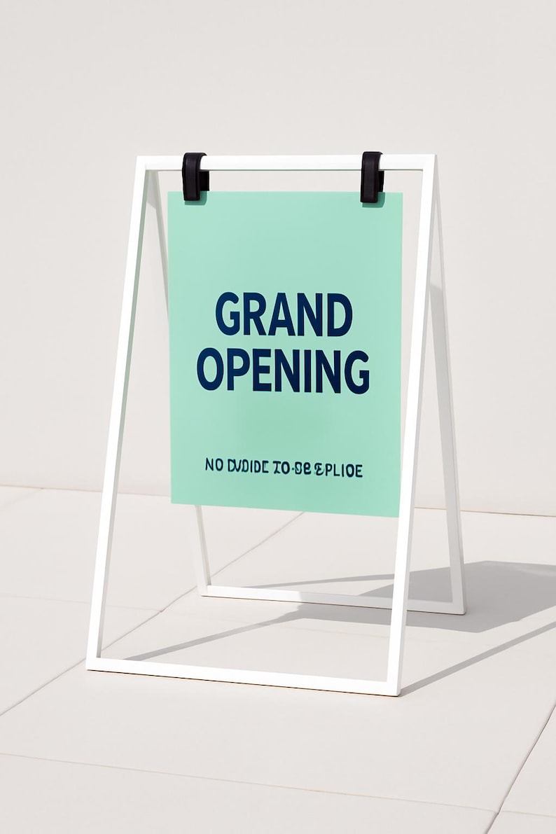 May include: A white A-frame sign with a mint green sign face. The sign reads "GRAND OPENING" in navy blue, with the text "NO DIVIDE TO BE SPLIOE" below. Black clips hold the sign in place.
