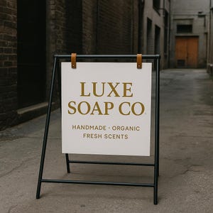 May include: A black metal A-frame sign with a white panel. The sign reads "LUXE SOAP CO." in gold lettering, with "HANDMADE &bull; ORGANIC &bull; FRESH SCENTS" below. The sign is held by brown leather straps.
